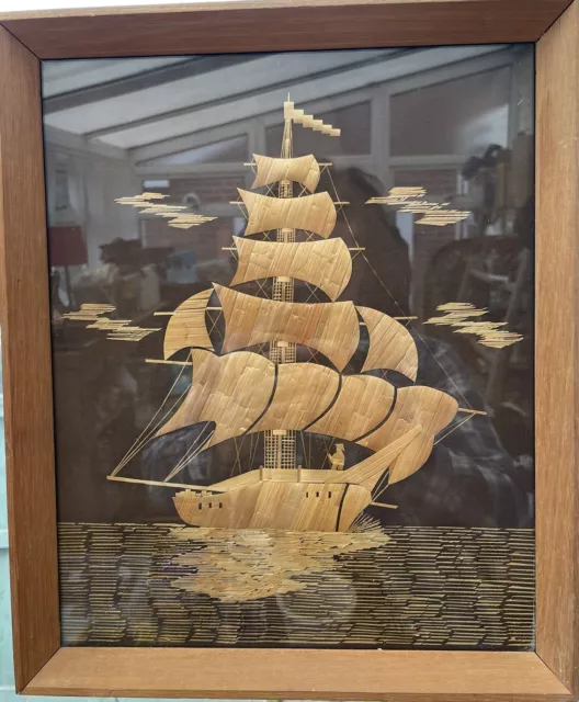 Vintage Marquetry Galleon Sailing Ship Picture