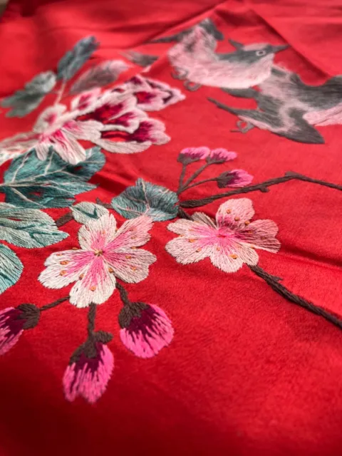 Antique early 1900s red silk chinese hand embroiderd fabric panel