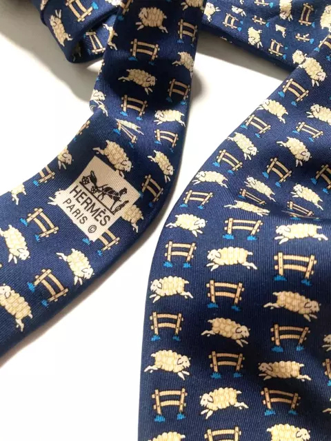 Hermes Vintage Sheep Jumping Over Fence Tie Ranch Sleep High End France Blue