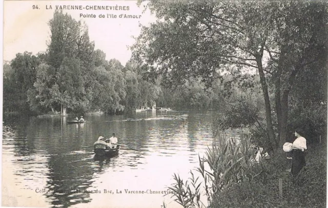 La VARENNE-CHENNEVIÈRES 94 Pointe de l'ile d'Amour barques CPA animée début 1900
