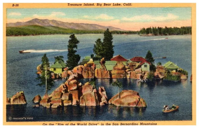 Aerial View of Treasure Island Big Bear Lake, CA Vintage Linen Postcard Unposted