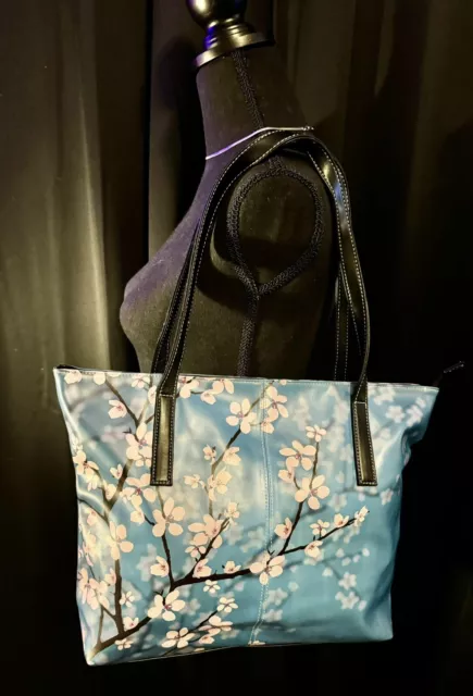 Cherry Blossom Blue Tote Bag Women’s Handbag Purse Faux Leather Flowers Floral