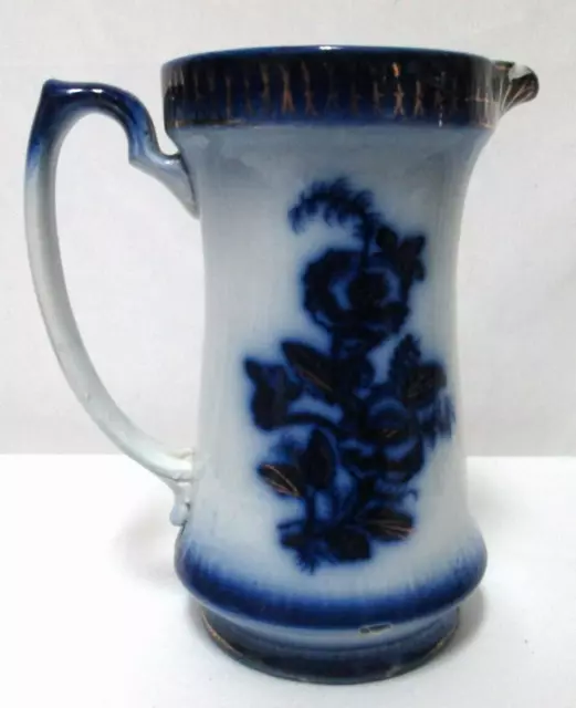 Antique Blue Flow Transferware Ceramic floral Pitcher gold trim  7.5" tall