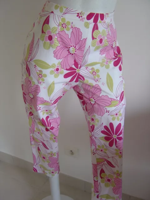 Superbe Pantalon Neuf Marque " Antonelle " Blanc Imprime Fleurs Rose Taille 42