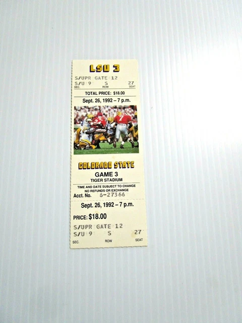 1992 LSU v COLORADO STATE FULL UNUSED FOOTBALL TICKET - JAMIE HOWARD KEVIN MAWAE