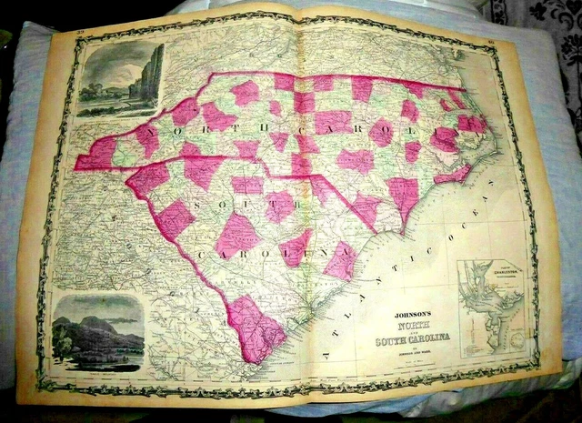 ANTIQUE LOVELY COLORED Large Map North & South Carolina Plan Of ...