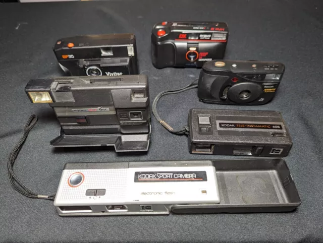 Vintage Kodak Film Camera Lot - Sport Tele Disc Instamatic 608 Vivitar Argus HFM