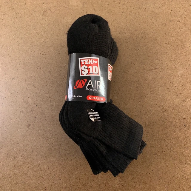 Air Sports World Men's Sock Size 10-13 Black Quarter Crew Socks 10 Pairs NWT