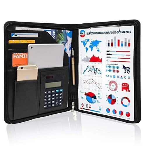 Zippered Leather Business Padfolio Notebook with Letter Size Clipboard