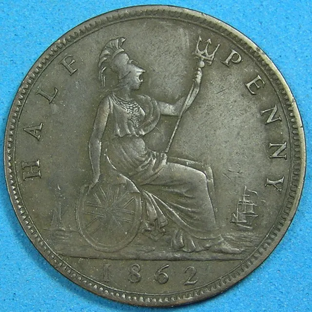 UK Great Britain Half Penny (1/2 Penny) Bronze Coin, 1862 Victoria