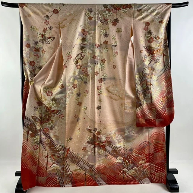 Japanese Kimono Furisode Long Sleeves Ladies Woven Silk100% Butterfly Gold 170Cm
