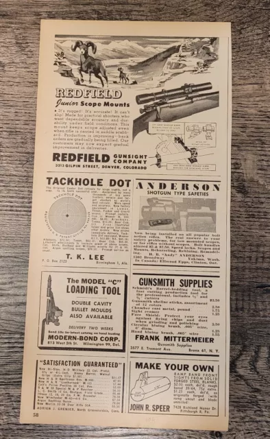 VTG 1947 Print Ad REDFIELD SCOPE MOUNTS/RELOADER/GUNSMITH 10"x5"
