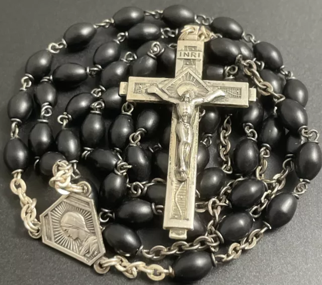 Rosario católico vintage de plata esterlina y madera de cacao de 5 décadas, Italia