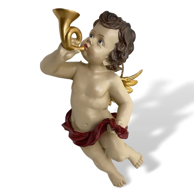 Escultura ángel putto para colgar figura trompeta navidad 43cm estilo antiguo