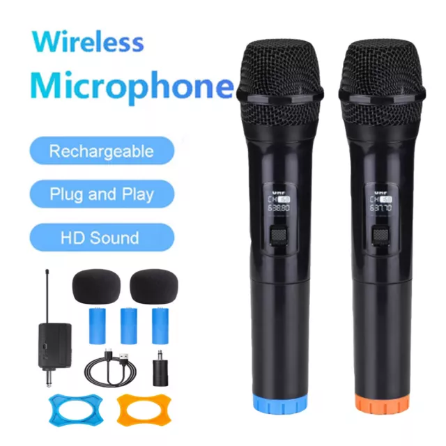 2x Professional Wireless Microphone Dual UHF Cordless Dynamic Karaoke Mic System