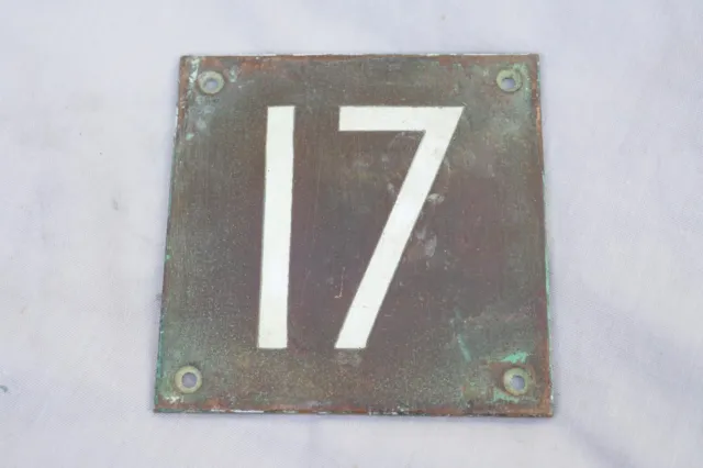 Antique Authentic Door number 17 Patinated Bronze Plate Inset Enamel 3X3" 1900s