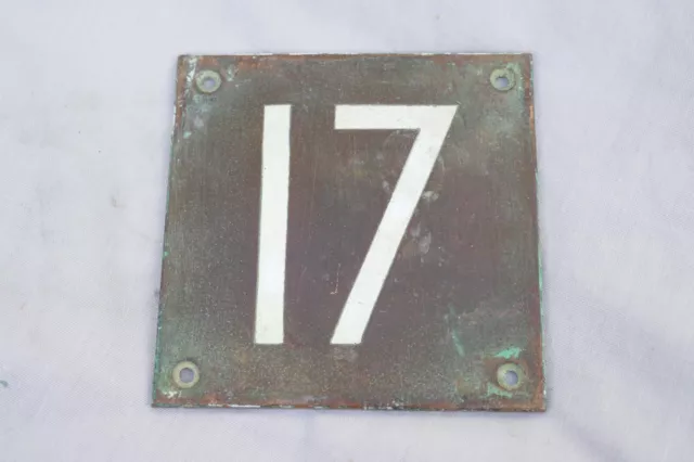 Antique Authentic Door number 17 Patinated Bronze Plate Inset Enamel 3X3" 1900s