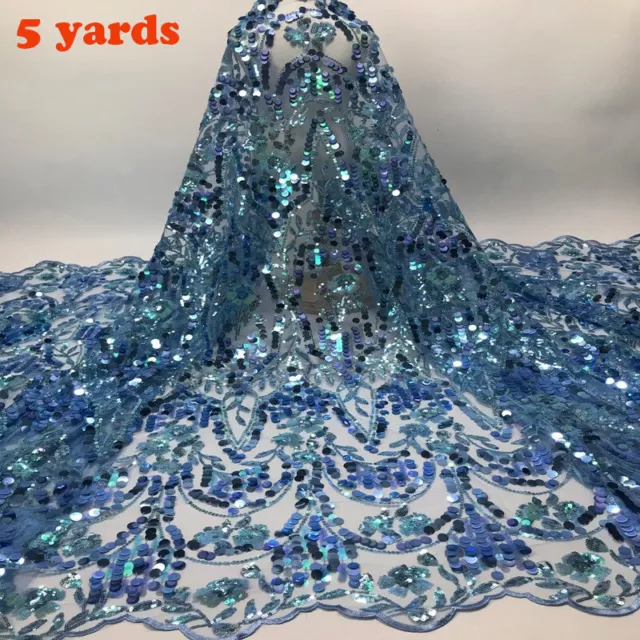 5yards Sequins Lace Tulle Fabric African Mesh Net Material Dress Bridal Gown