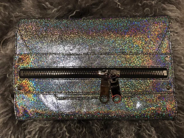 MILLY Designer Purse Holographic Clutch With Snake Chain Hologram Silver Purse
