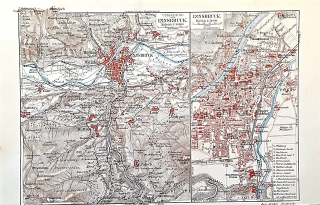 Alte Lithographie, Historischer Stadtplan von Innsbruck u. Umgebung, ca.1920