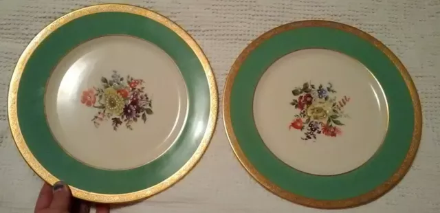 Old Ivory Syracuse Plates China O.P.CO Flowers Green Gold Edging ,(2)