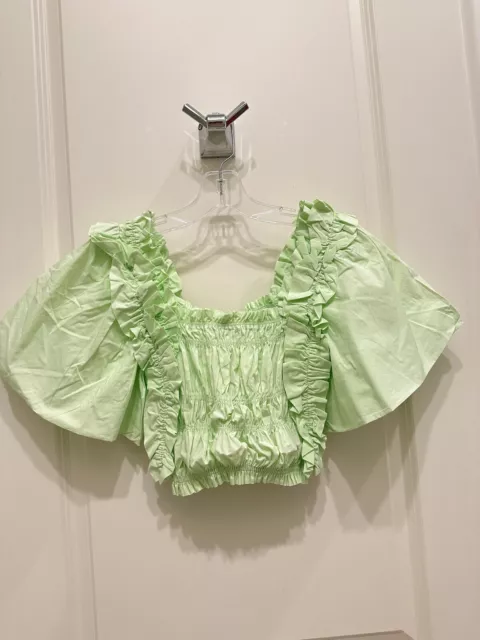 ZARA Lime Green Ruffle Ruched Puff Sleeve Crop Top Blouse - Women’s Size XS