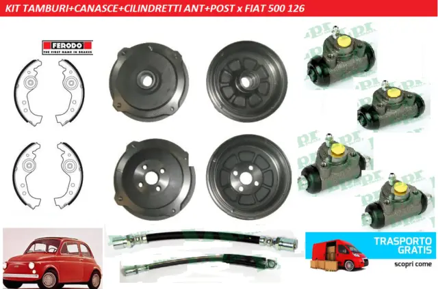 Kit 4 Tamburi Ganasce Cilindretti Freno + 4 Tubi Ant + Post Fiat 500 F/L/R 126