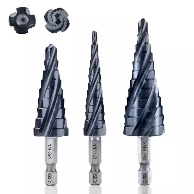 Toolant Four Spiral Flute Cobalt Step Drill Bit Set, 1/8"-7/8"(3Pcs) Impact Read