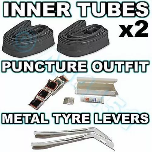 2 Inner tubes, Puncture Repair Outfit, Tyre Levers Pram Buggy Bike & Bent Valve