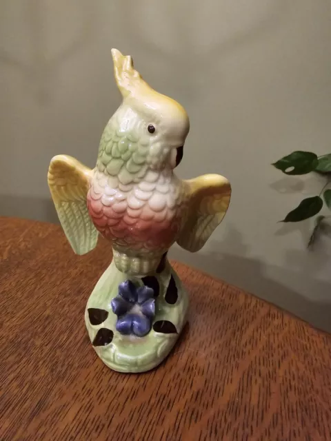 Vintage Ceramic Parrot Cockatoo Figurine Royal Copley Green Yellow Pink MCM