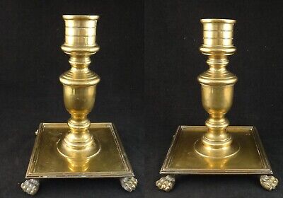 Pair Vintage Maitland Smith Heavy Brass Candle Holders w/Paw Feet. 10 ¼” tall