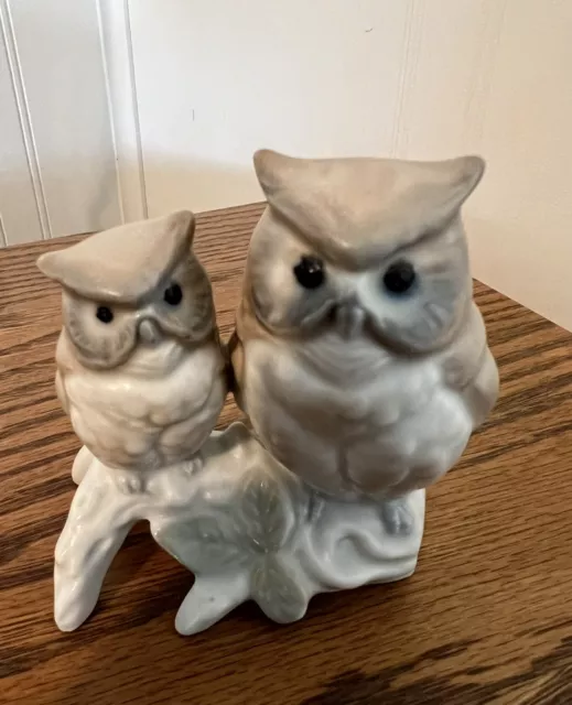 VTG Otagiri 2 Owls On Branch Mother & Baby Porcelain Figurine