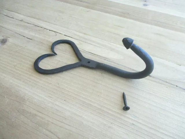 Iron Coat Hooks Hat Hand Forged 6 1/4" Long Antique Style Hook Heart U-Shape Hat