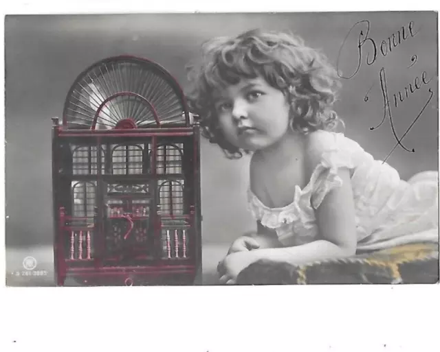 CPA Antique Postcard Portrait of a Girl in the Bird Cage Wishes