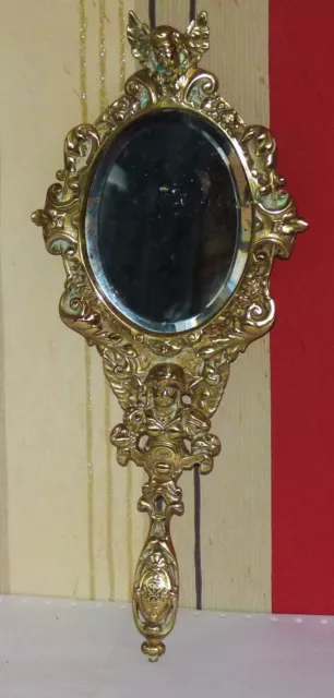 Superbe Ancien Grand Miroir A Main En Bronze Dore Dor Anges Tout Cisele En Be