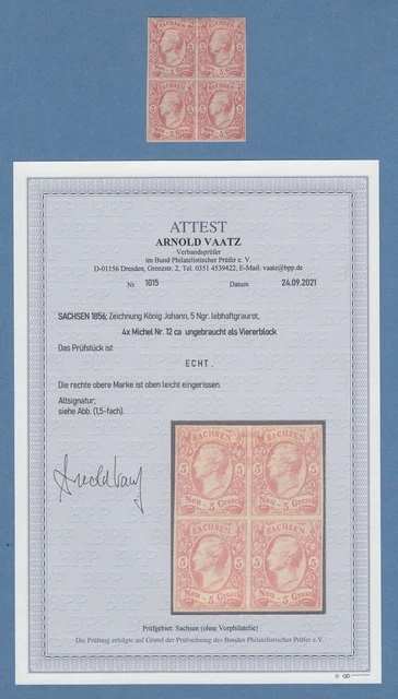 Sachsen 1856 Johann 5 Ngr. Mi.-Nr. 12ca Viererblock * Attest Vaatz BPP