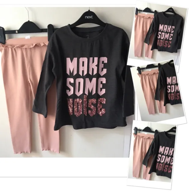 TU girls pink ribbed leggings & next sequin trim noise top 3-4 years