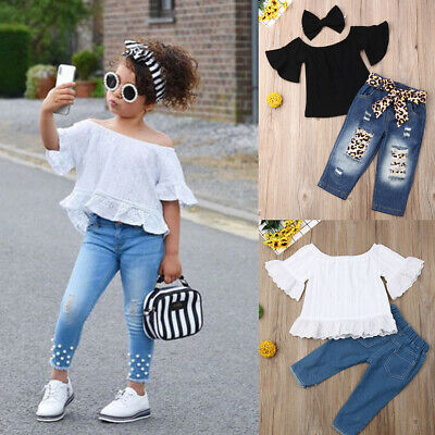 Toddler Kids Baby Girl Tops T Shirts + Denim Pants Long Jeans Outfits Clothes