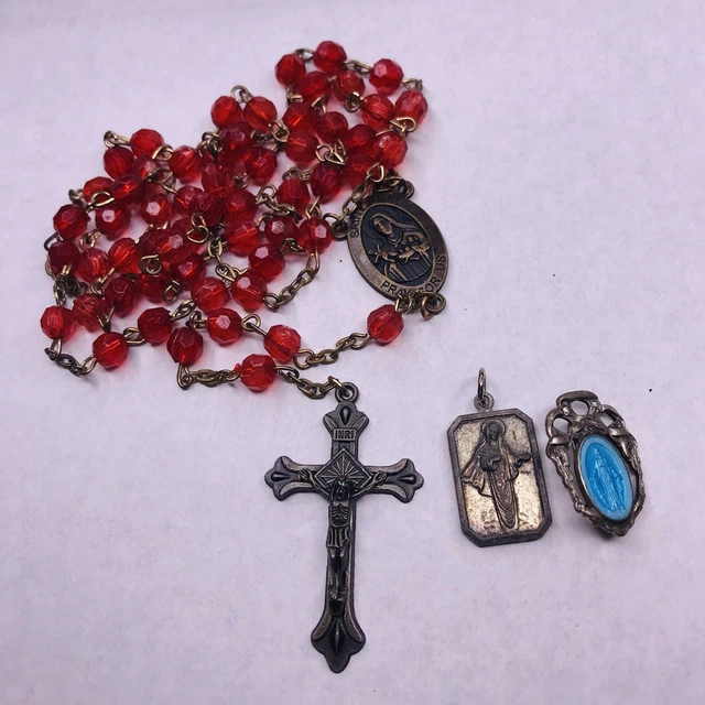 Rosary Red Beaded Medal Mary Pin Blue Christian Religious Set