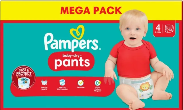 92 couches PAMPERS Baby-Dry Pants Taille 4 (9-15 Kg) Culotte Bébé Stop & Protect
