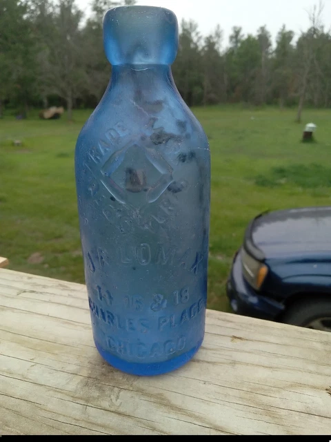 J A Lomax -14 16 & 18 Charles Place. Chicago Light Cobalt Blue Soda Bottle J A Lomax -14 16 & 18 Charles Place. Chicago Light Cobalt Blue Soda Bottle