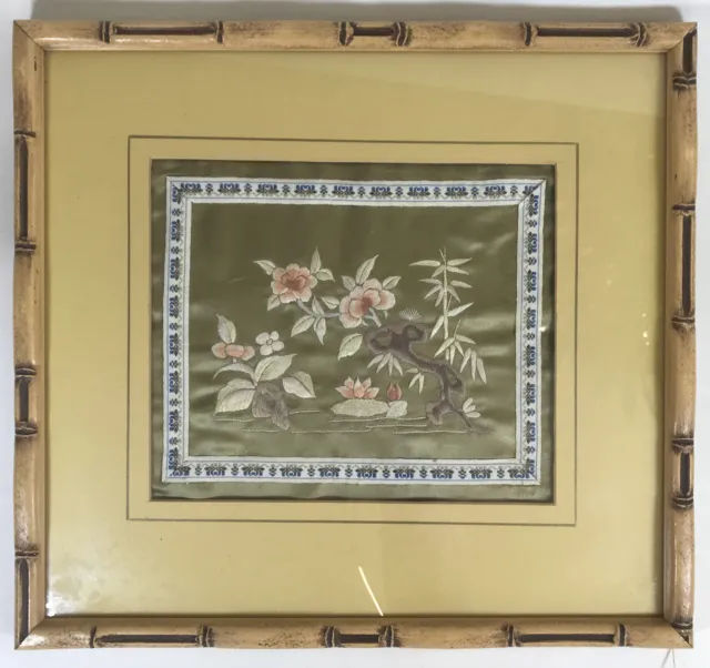 Vintage Chinese Embroidery On Silk Exotic Flowers In A Bamboo Frame China