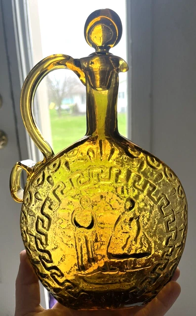 Beautiful Amber Glass Decanter W/Stopper & Crude Handle Mexico Reproduction L@@K