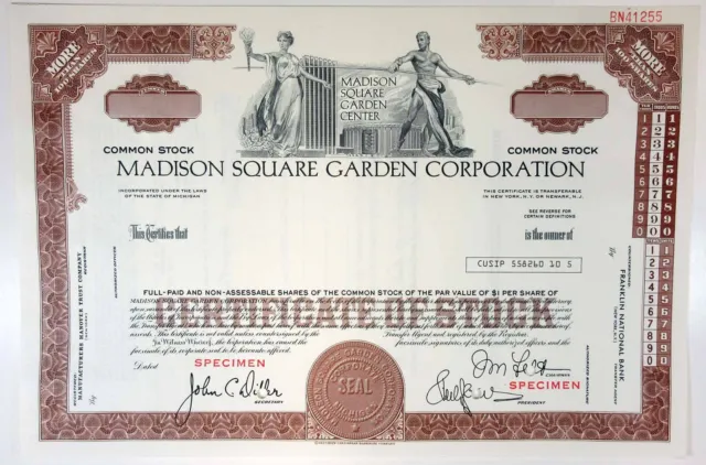 Madison Square Garden Corp.,1960-70s Specimen Stock Certificate 100 Shrs XF ABN