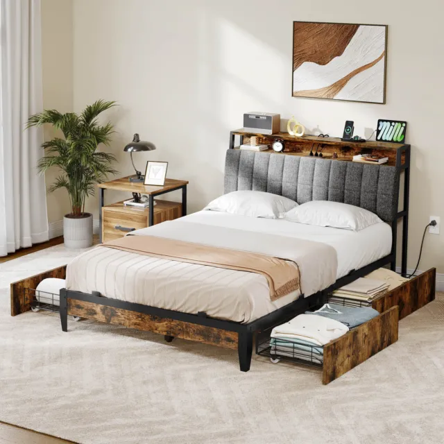 Queen Size Bed Frame Metal Platform Bed with Storage Drawers Headboard USB Ports