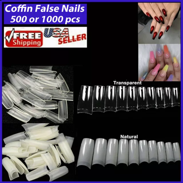 Coffin Fake False Nails Tips Long Square French Natural Transparent 500-1000 Pcs