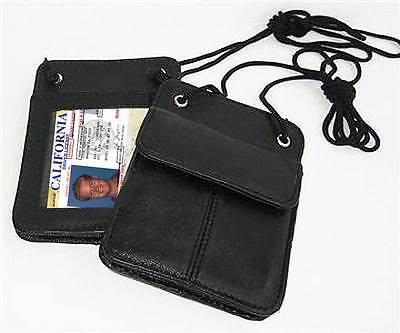 Black Leather ID Card Holder Neck Travel Pouch Wallet Neck Strap USA Seller