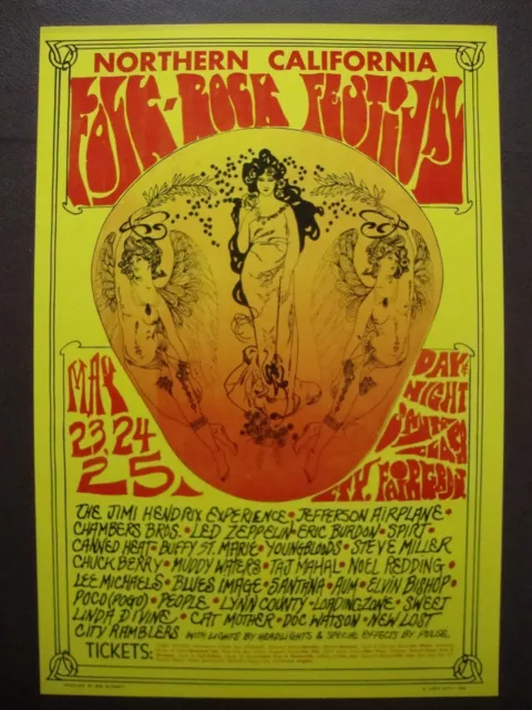 Original 1969 Northern California Rock Festival Poster Jimi Hendrix Led Zeppelin