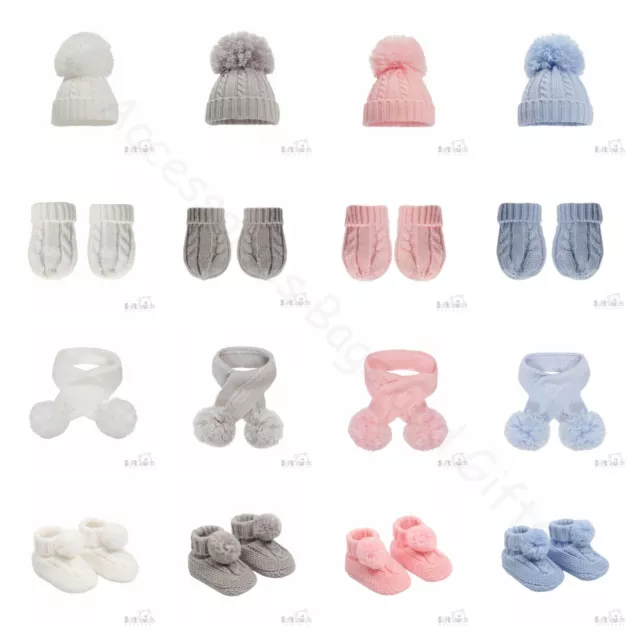 Baby Pom Pom Hat Scarf Mittens Booties Boy Girl Soft Cable Knit Elegance NB-24Ms