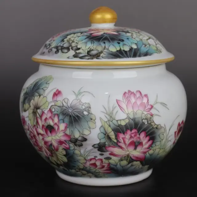 China Qing Qianlong Famille Rose Porcelain Lotus Pattern Pot Tea Caddy 6.9 inch